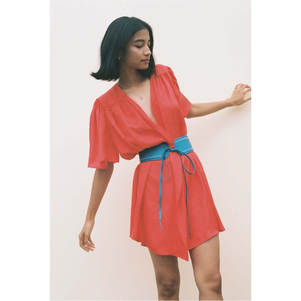 Ciao Lucia Sabrina Dress - Red Orange Bell Sleeve V-Neck Belted Mini Dress sz L - Picture 11 of 12